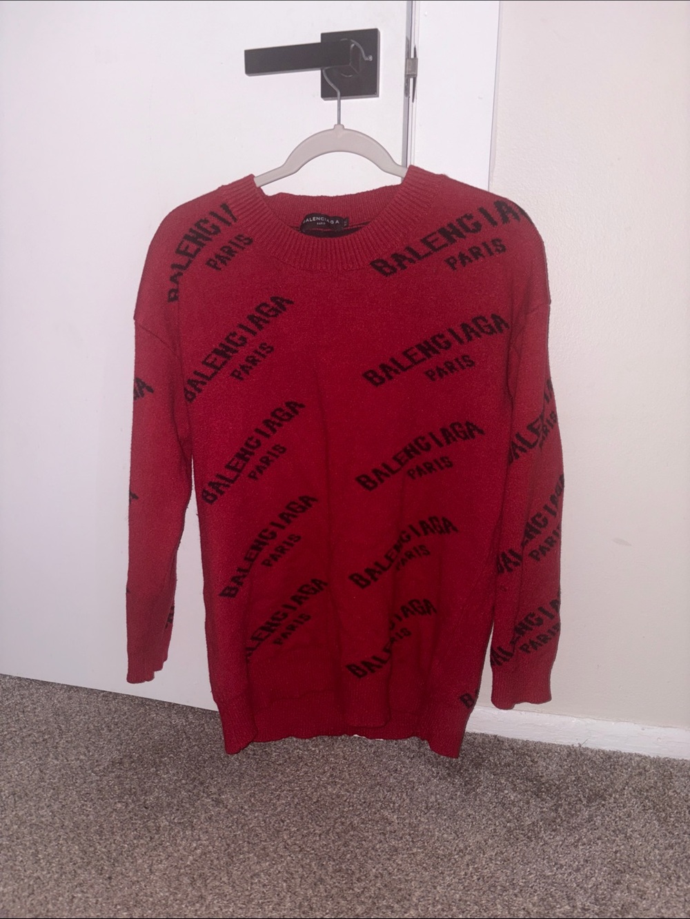 Designer Red Crewneck Sweater with Black Logo Print